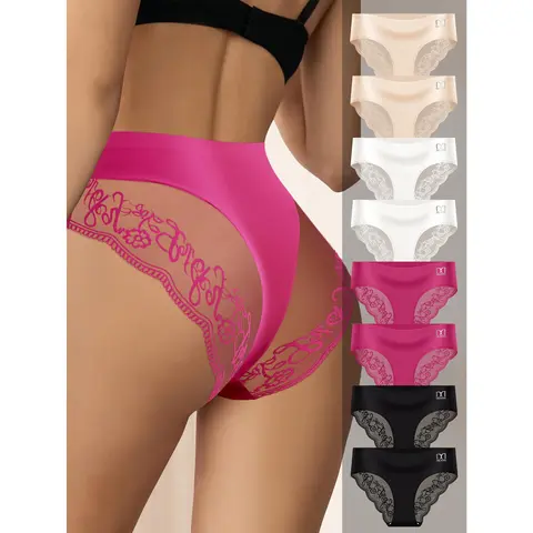 QUASTI Women's Seamless Panty Set Mid-Rise, Lace Edge, Soft, Sexy, Breathable Spandex-Polyester Elastic Underwear, Fits S-XXL, Overall Comfortable for Daily Day Matching, Minimalist Basic