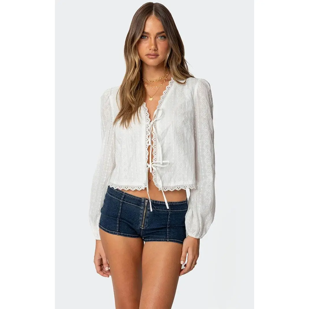 Edikted Women's Lesley Cotton Lace Tie Front Top