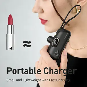 One black 5000mAh mini portable power bank, supports PD fast charging, features an LED display, and comes with Type-C and iPhone data cables, compatible with iPhone 6 to 15 series phones.