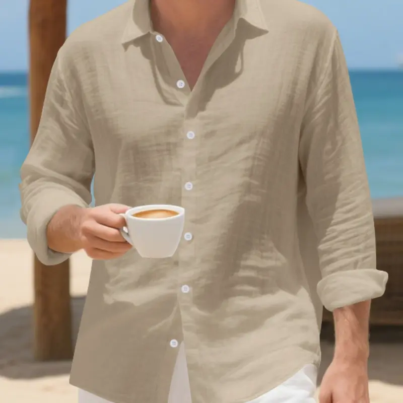Men's Linen Long Sleeve Button-Down Shirt, Loose Fit Casual Beach Vacation Shirt, Lightweight Top for Summer, Loose Casual Fashion