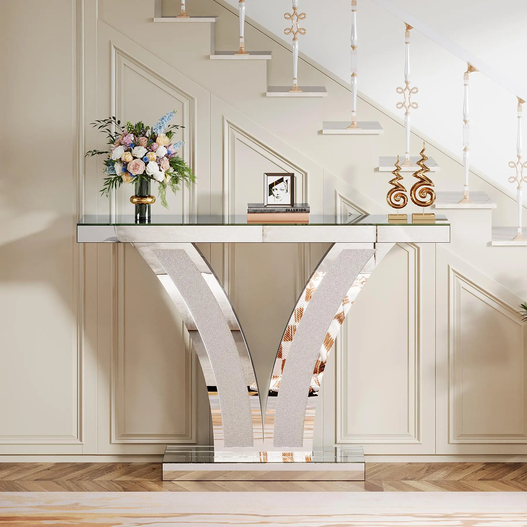TRIBEWOOD Mirrored Console Table - Modern Silver Indoor Furniture with Crystal-Inlay Frames, Foyer Accent Table for Living Room Hallway, Modern Center Table