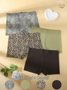 4-Pack Seamless Casual Safety Pants for Women, Summer Ice Silk Anti-See-Through Thin Leopard Print Briefs, Panties, Non-Rolled Edge Underwear