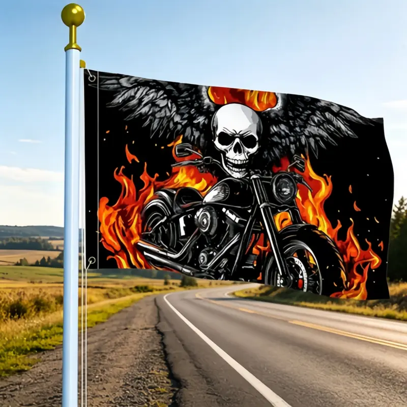 3x5ft Black Background Skull Wings Fire Chopper Motorcycle Polyester Flag, Heavy‑Duty Fade‑Proof Gothic Biker Banner for Motorcycle Enthusiasts & Man Cave Decor