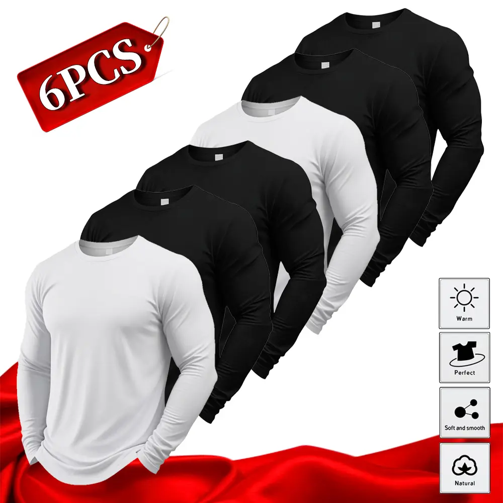 Men’s 6-Pack Crewneck T-Shirts, New Autumn Plain Solid Color Tops, Minimalist Sporty Casual Versatile Trendy Tees, Suitable as Holiday Gift