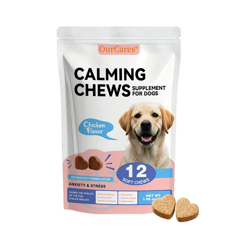 OURCARES Calming Soft Chew Dog Treats - Chicken-Flavored, Passion Flower-Infused, Chamomile, Colostrum, 12 Chews for Anxiety Relief, Composure Support, Everyday Use, 24 Months Shelf Life for US Pet Owners