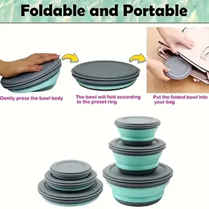 Food-Grade Collapsible Bowl Set – Silicone Material, Press Down to Flatten for Space Saving, Includes Sealed Lids, for Camping, Travel and Leftover Storage at Home