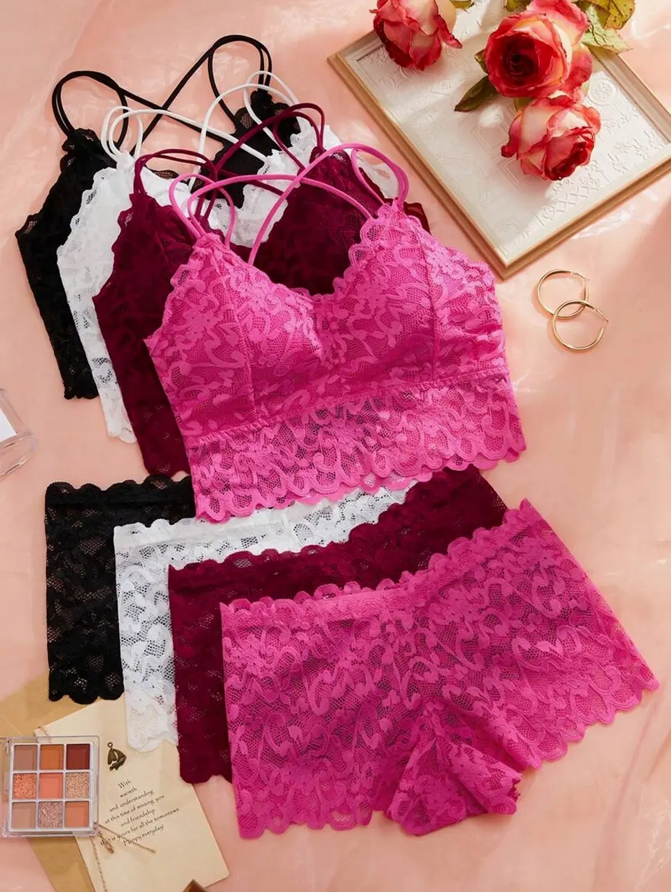 4-Set Lace Wireless Bralette and Boyshort Lingerie Set with Halter Straps