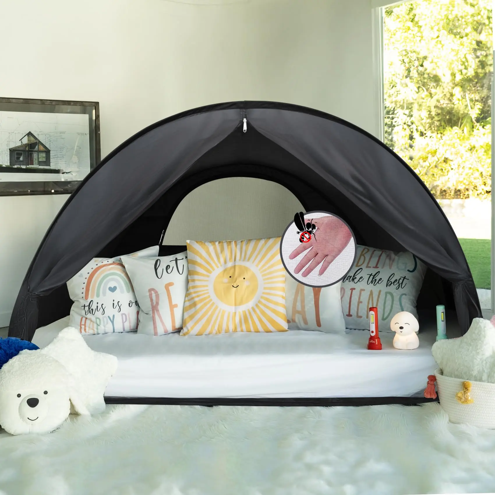 LEEDOR Pop Up Bed Tent with Mesh & Shade Cloth Window,Bed Canopy Shelter Cabin Indoor Privacy Space Sleeping Tents,Blackout Light Reduction Breathable Dream Tent with Portable Bag for Kids Adults Full