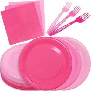 Serves 35 Guests Gradient Pink Plates and Napkins Party Supplies,7" Gradient Pink Birthday Dessert Paper Plates and Napkins,Disposable Party Dinnerware for Wedding,Graduation
