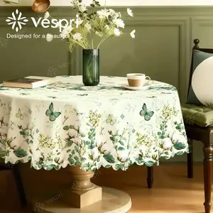 Vespri Spring and Floral Tablecloths | White and Green Decorations with Branches, Leaves, and Butterflies, European Style in Round, Rectangular, and Oval Shapes, Polyester, Ideal for Restaurants, Parties, Holidays, and Outdoor Events