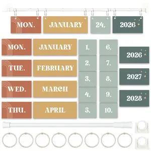 BrightenKidz Modern Boho Flip Calendar For Classroom, Years 2026 - 2028, Bulletin Board Calendar Set With 53 Date Cards, Adjustable Rod 15.7" - 27.6" & 8 O-rings, Mounting Hooks, Ideal For Teacher, Homeschool & Student Learning Wall Decor