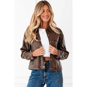 Chicory Coffee Double Flap Pocket Drawstring Hem Leather Jacket
