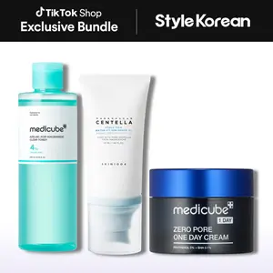 [StyleKorean] Sebum Control & Pore Set For Men - Medicube Azelaic Acid Niacinamide Clear Toner, Zero Pore One Day Cream, Skin1004 Madagascar Centella Hyalu-Cica Water-Fit Sun Serum SPF 50 - Smaller Pores, Controls Excess Oil, No WhiteCast