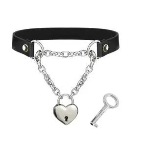 Heart Padlock Necklace for Women Black PU Handmade