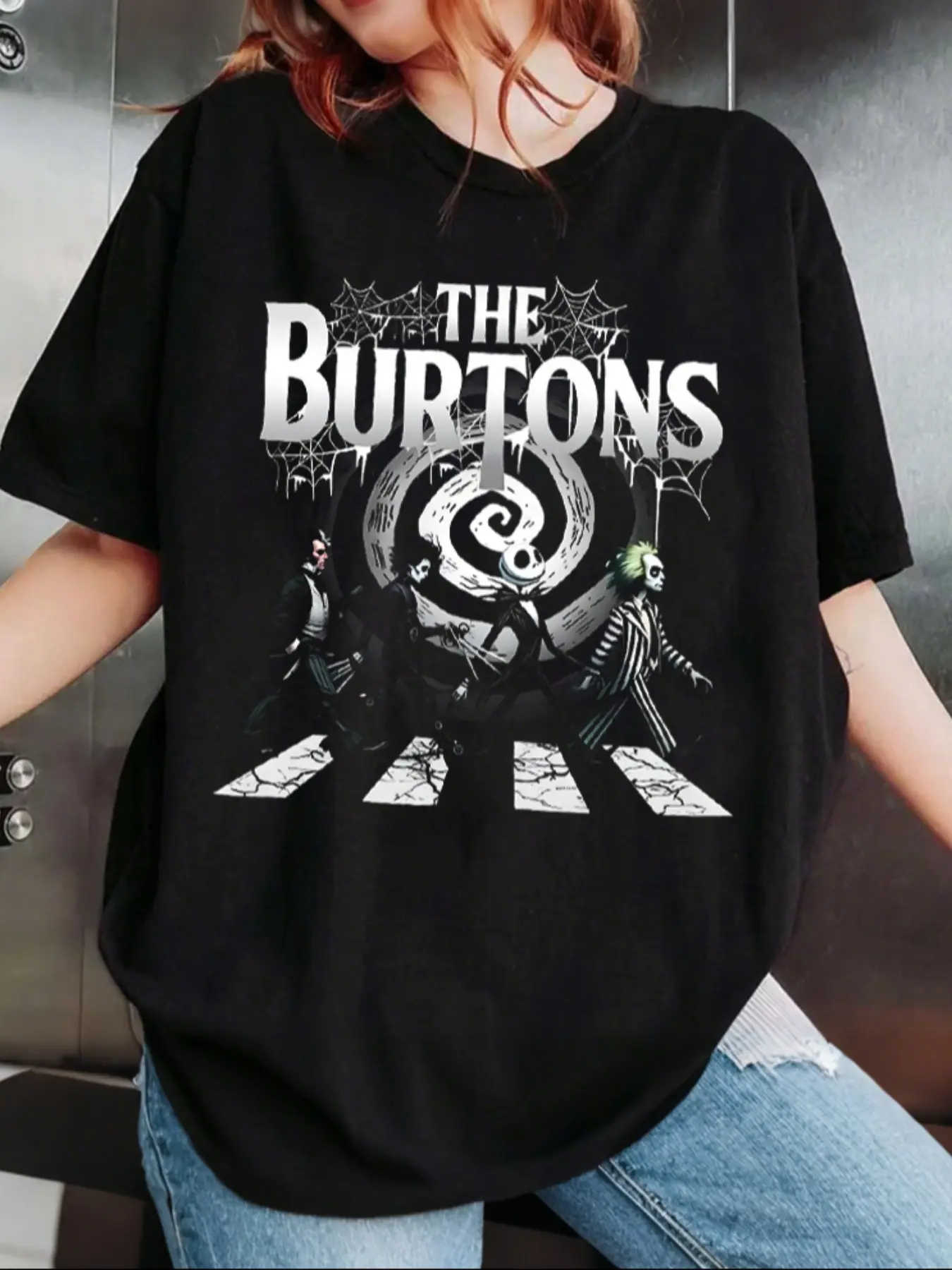 Vintage Edgy Movie Casual Streetwear Women's Lightweight Breathable Summer Fitted T-Shirt - Tim Burton Gothic "The Burtons" Graphic Tee