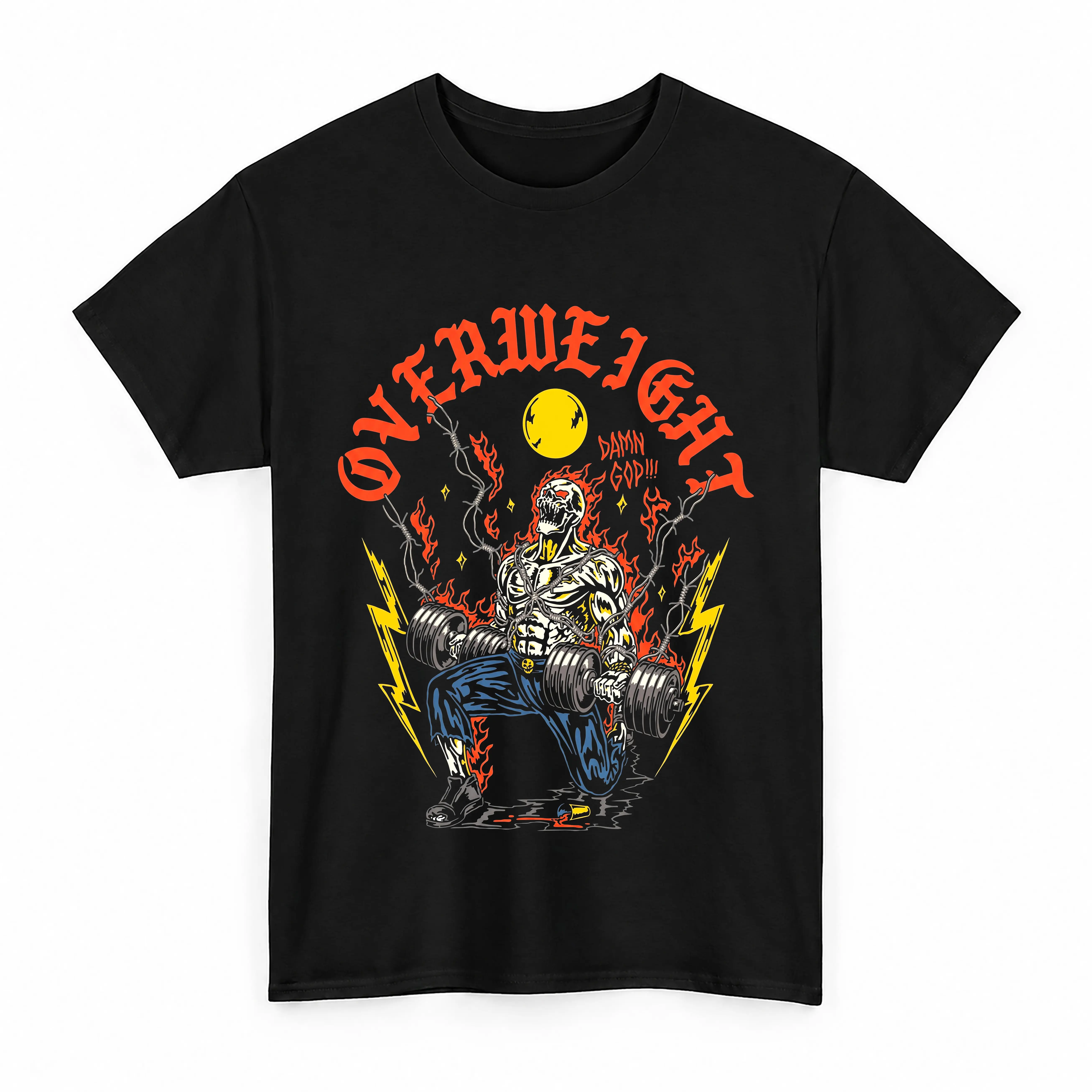 Gym Skeleton Lifting Dumbbell Graphic Tee Flame Barbwire Heavy Weight Workout Streetwear T-Shirt