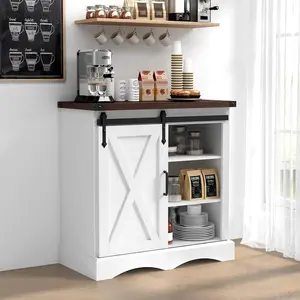 Farmhouse Coffee Bar Cabinet 32“, White Buffet Storage Cabinet with Sliding Barn Door, Kitchen Sideboard Cabinet with Adjustable Shelf for Dining Room Living Room Entryway, White & Brown