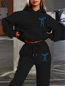 Autumn Winter Hoodie Set, Blue Bowknot Decor, Casual Fitted Style, Comfortable Daily Wear, Loose Fit, Fall & Winter