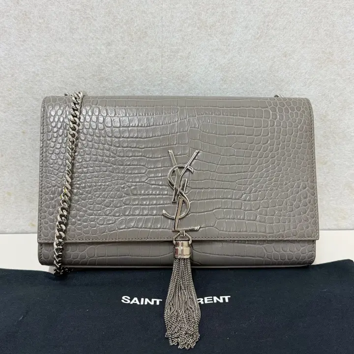 Pre-owned Yves Saint Laurent leather Crossbody Bags YSL Grey Embossed Croc Tassel Crossbody 23116830
