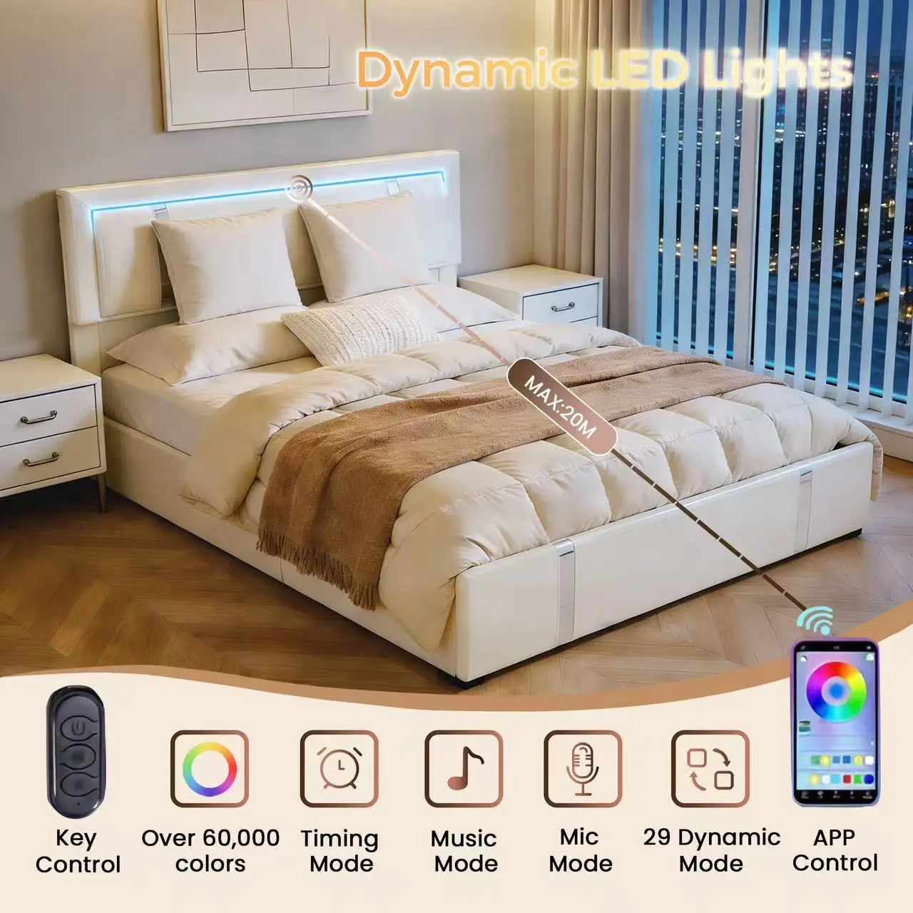 Modern Queen Lift Up Storage Bed Frame with Adjustable LED Headboard, USB-C Ports, Hydraulic Support, Faux Leather Upholstered Platform Bed for Bedroom, White【No Mattress】 light bedframe