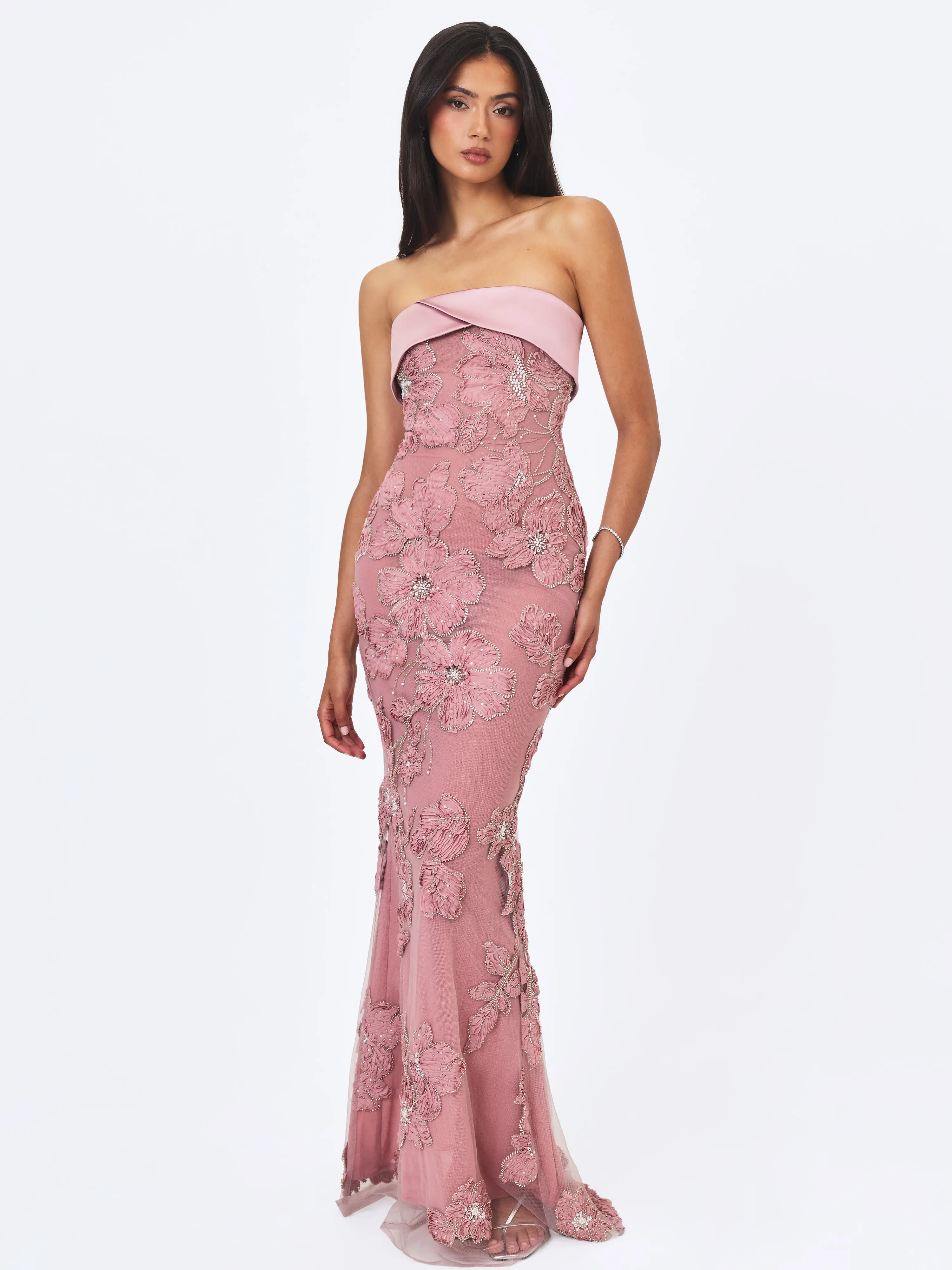 Raphaela Dusty Pink Beaded Floral Strapless Mermaid Maxi Dress