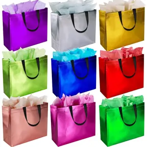 Large Gift Bags Set of 9 with Tissue Paper, Reusable Non-Woven Fabric Pouches, Metallic Finish, Perfect for Weddings Birthdays Christmas, Party Supplies, Party Pack, Party Favors, Party Favors Assortment, Gift Packaging