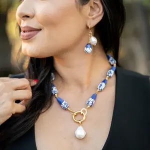 Talavera Azul Pearls and Gotas Earrings for Women