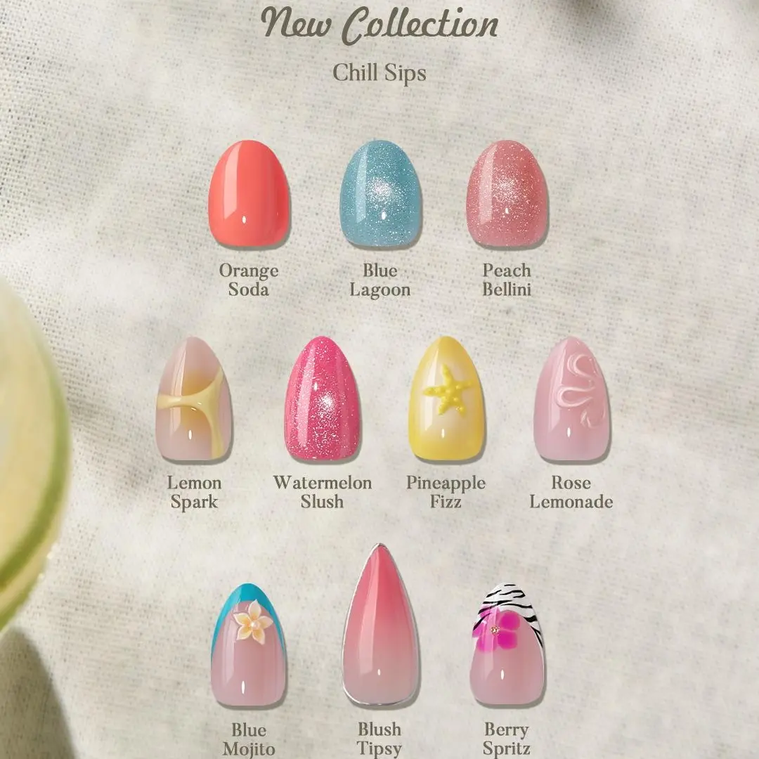 BTArtbox Press On Nails Short - Chill Sips, Easy-to-Apply 3D Almond Stiletto Summer Cat Eye Press On Nails with Glue and Adhesive Tabs in 16 Sizes - 32 Nails All-in-One Kit, Summer Holiday