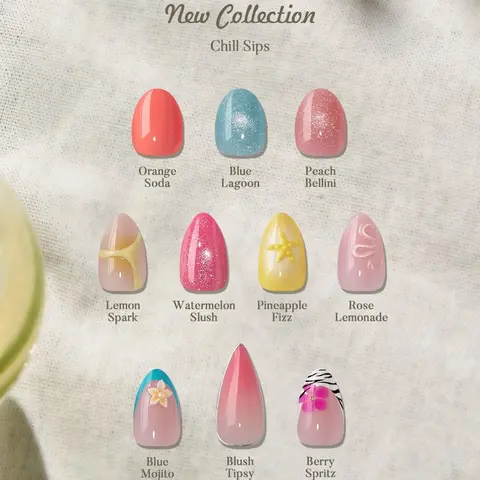 BTArtbox Short Ultra-Soft Gel Press On Nails - Chill Sips 3D Almond Stiletto Cat Eye, Easy-Apply Chip-Resistant 32 Nails Set with Glue & Adhesive Tabs (16 Sizes) for Summer Holiday, Going Out