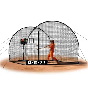 Baseball Batting Cage 12.0 x 10.2 x 7.6 Ft Freestanding Portable Practice Cage With 4-Ply Knotless Polyester Net, Pitching Machine Opening, Hitting Cage For Indoor Outdoor Training, Backyard Sports Training Equipment
