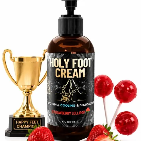 Derm Dude Holy Foot Cream - Moisturizer for Sweaty Smelly & Cracked Heels with Deodorizing Power - Strawberry Lollipop Scent - Hydrating & Antifungal - 100g, Scented, Pack