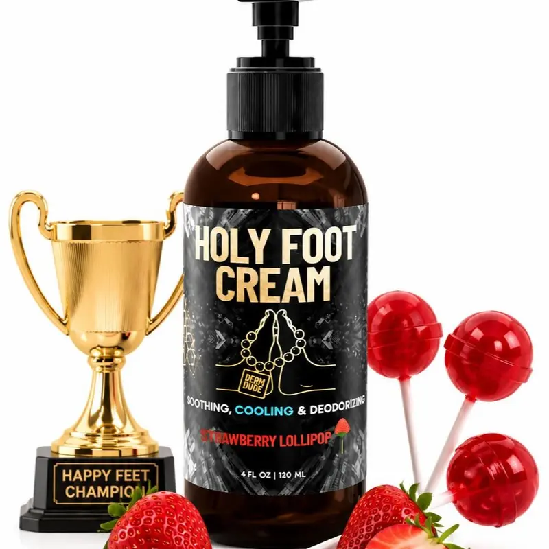 Derm Dude Holy Foot Cream - Moisturizer for Sweaty Smelly & Cracked Heels with Deodorizing Power - Strawberry Lollipop Scent - Hydrating & Antifungal - 100g, Scented, Pack