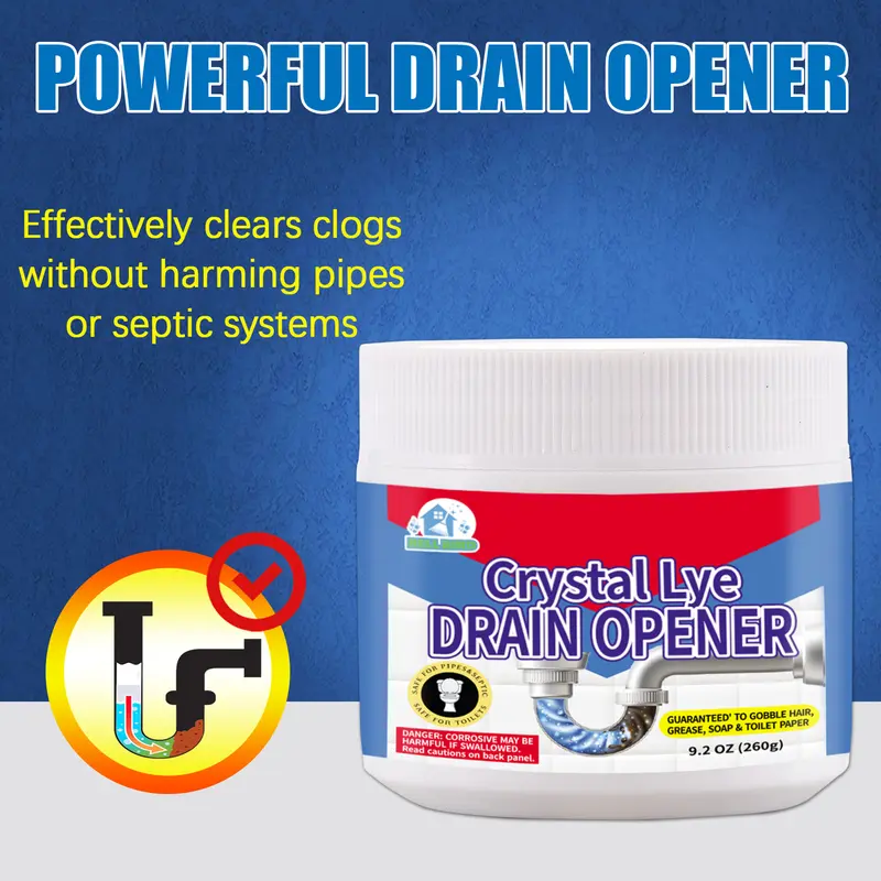 Crystal Lye Drain Opener – Powerful Pipe Dredging Formula with Sodium Hydroxide – Unclogs Bathroom & Kitchen Sinks, Drains, and Shower Pipes – Heavy-Duty Household Cleaner