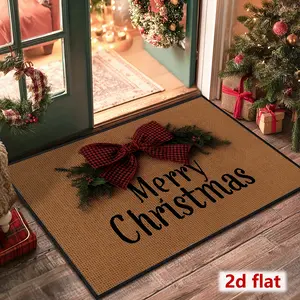 1pc Christmas Doormat with Red Bow & Green Foliage Non-Slip PVC Backing Beige/Brown Holiday Welcome Mat Merry Christmas Lettering for Indoor/Outdoor Entryway Front Easy Clean