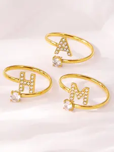 Personalized Initial Ring - 26 Letters A to Z with Zirconia, Titanium Steel PVD Gold Plated Stackable Ring Gift, Statement Rings