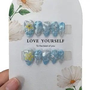 Handmade Short Almond Press-On Nails - 3D Lily Floral Carving |   Artistic Hand-Painted Detachable Nail Art hello  kitty  nail  tips nails acrylic  press  nails diamond  tip  nails luminary gel coffin prom nail nail artist reusable false