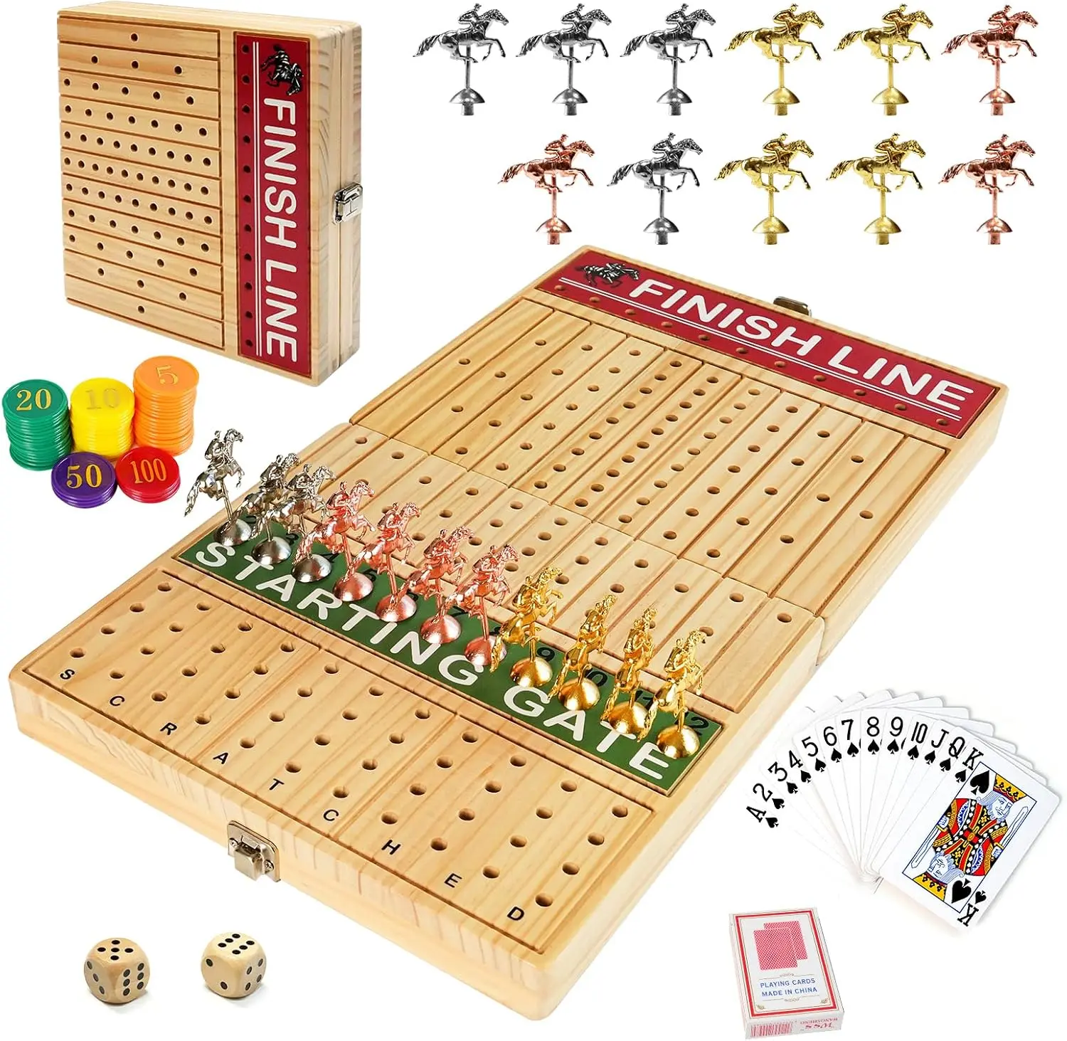 21 inches Horse Race Board Game Foldable Large Horse Racing Game for Adults with 11 Metal Horses, Solid Wood 60 Pcs Poker Chips 2 Dice 1 Pack of Cards for Family Tabletop Parties(Log)  Bingo Set Tablegame Party Game Set Tabletop Games