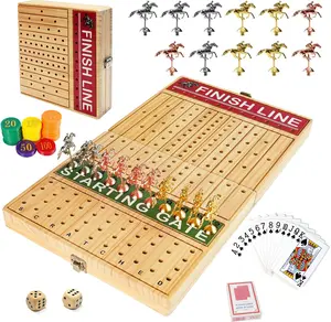 21 inches Horse Race Board Game Foldable Large Horse Racing Game for Adults with 11 Metal Horses, Solid Wood 60 Pcs Poker Chips 2 Dice 1 Pack of Cards for Family Tabletop Parties(Log)