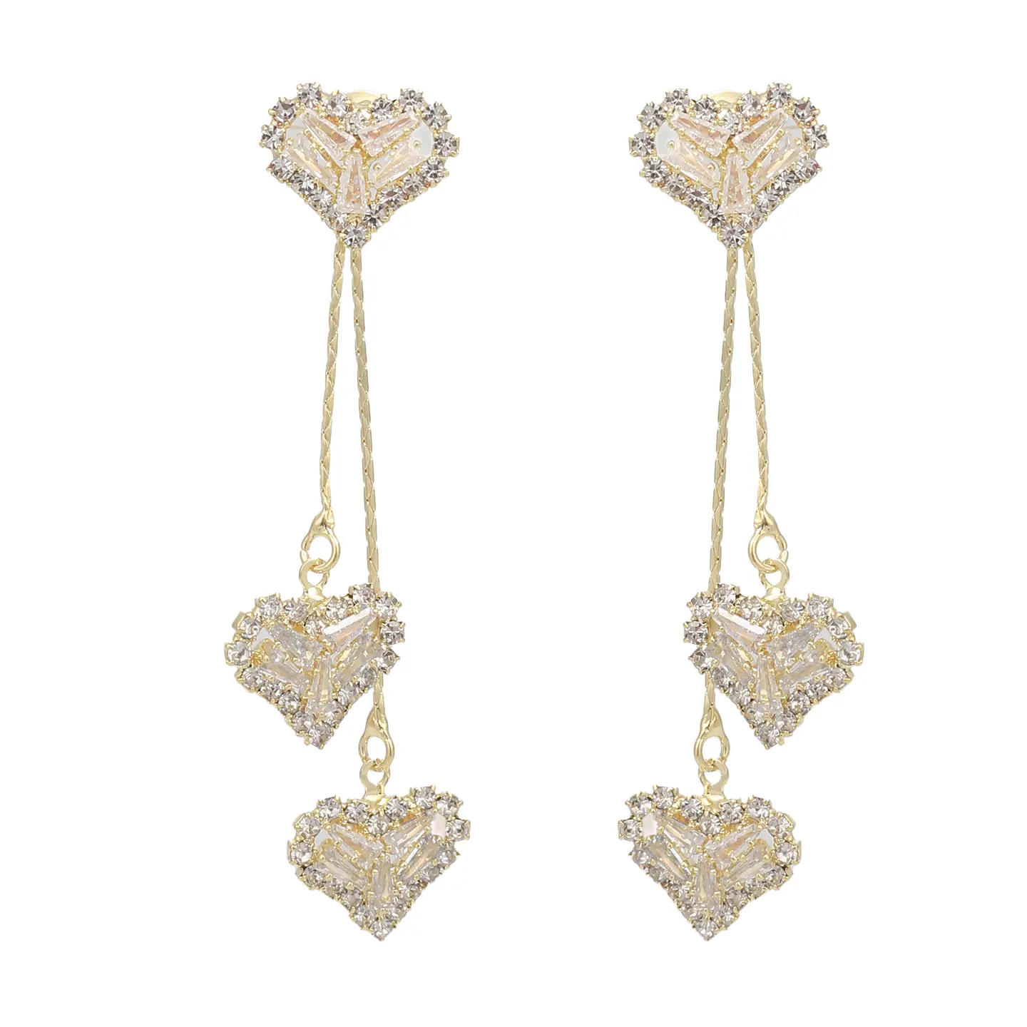 Elegant 14K Gold Plated Heart Drop Dangle Earrings, Multi-Tiered Cubic Zirconia (CZ) Statement Jewelry for Women, Hypoallergenic Glamorous Accessory for Wedding and Party