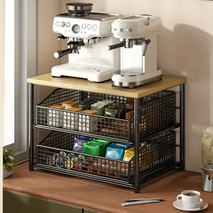 Space-Saving Kitchen Countertop Storage Rack with Drawers and Metal Basket, Durable Wood and Metal Multi-Layer Organizer