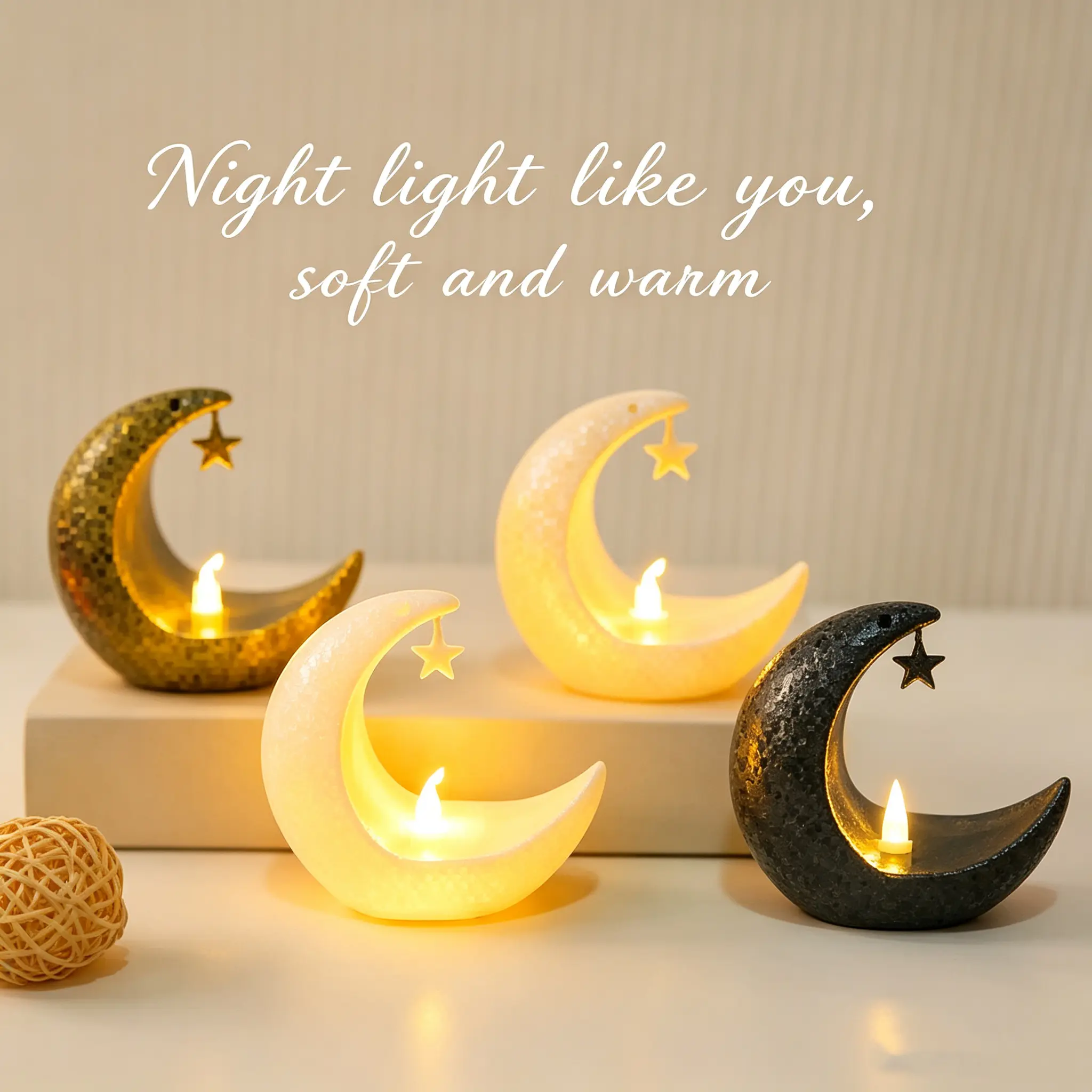Textured Resin Crescent Moon-Star Candle Holder Night Light - Decorative Hanging Ornament, Warm Flickering LED Tea Light Stand for Tabletop, Holiday Bedroom Ambient Shelf Decor (Sports & Outdoor Fan Shop Gaming Accent)