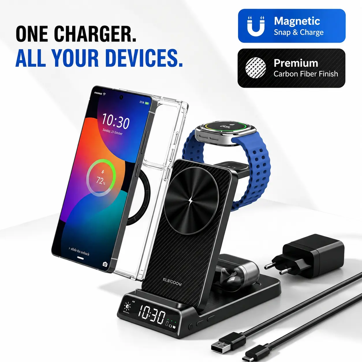[Upgraded] 3-in-1 Magnetic Portable Wireless Charging Station – Compatible with Apple & Samsung; Foldable Fast Charging with LED Clock; Supports iPhone 17/16/15/14–8 Series, Samsung Galaxy Series, Watches, and AirPods – CE19#tiktokshopbacktoschool