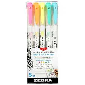 Zebra Mildliner Double Ended Brush Pen, Fluorescent Pack of 5