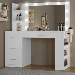 Makeup Vanity Desk with Mirror & Lights, Vanity Desk with 4 Drawers & Storage Shelves - White