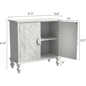 Buffet Cabinet with Storage, Accent Cabinet with 2 Carved Doors, Solid Wood Sideboard with Adjustable Shelf, Vintage Cabinets for Kitchen, Living Room, Entryway, White