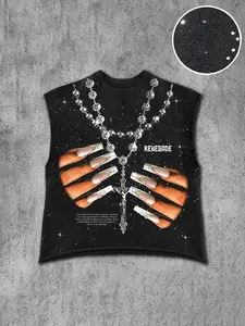 Men's Casual Graphic Sleeveless Vest, Bottom Starry Sequins, Necklace Print, Nail Art Hands, Letter Slogan, Comfortable Silver Color Fabric