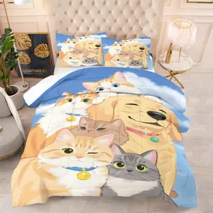 Cartoon Cat Dog Family Bedding Set, Includes 1 Quilt and 1 or 2 Pillowcases Without Pillows, Soft Bedroom Decor Gift for Kids and Adults