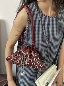 Punk Style Rivet Crossbody Shoulder Bag, Hollow Out Design, Casual Plain Pattern, Small Bucket Bag for Women, All Seasons Use, Embellished Shoulder Bag