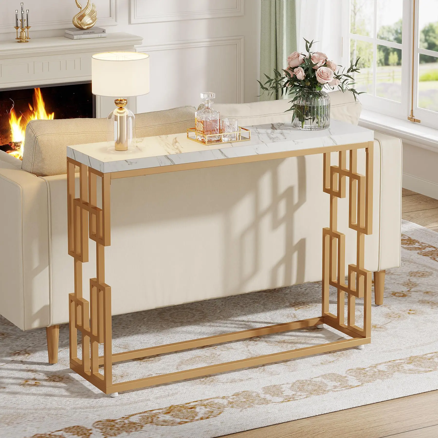 TRIBEWOOD Gold Console Table, Modern 42.5" Sofa Tables Entryway Hallway Foyer Table, White Faux Marble Tabletop Sofa Table Behind Couch with Gold Metal Legs for Living Room, Easy Assembly