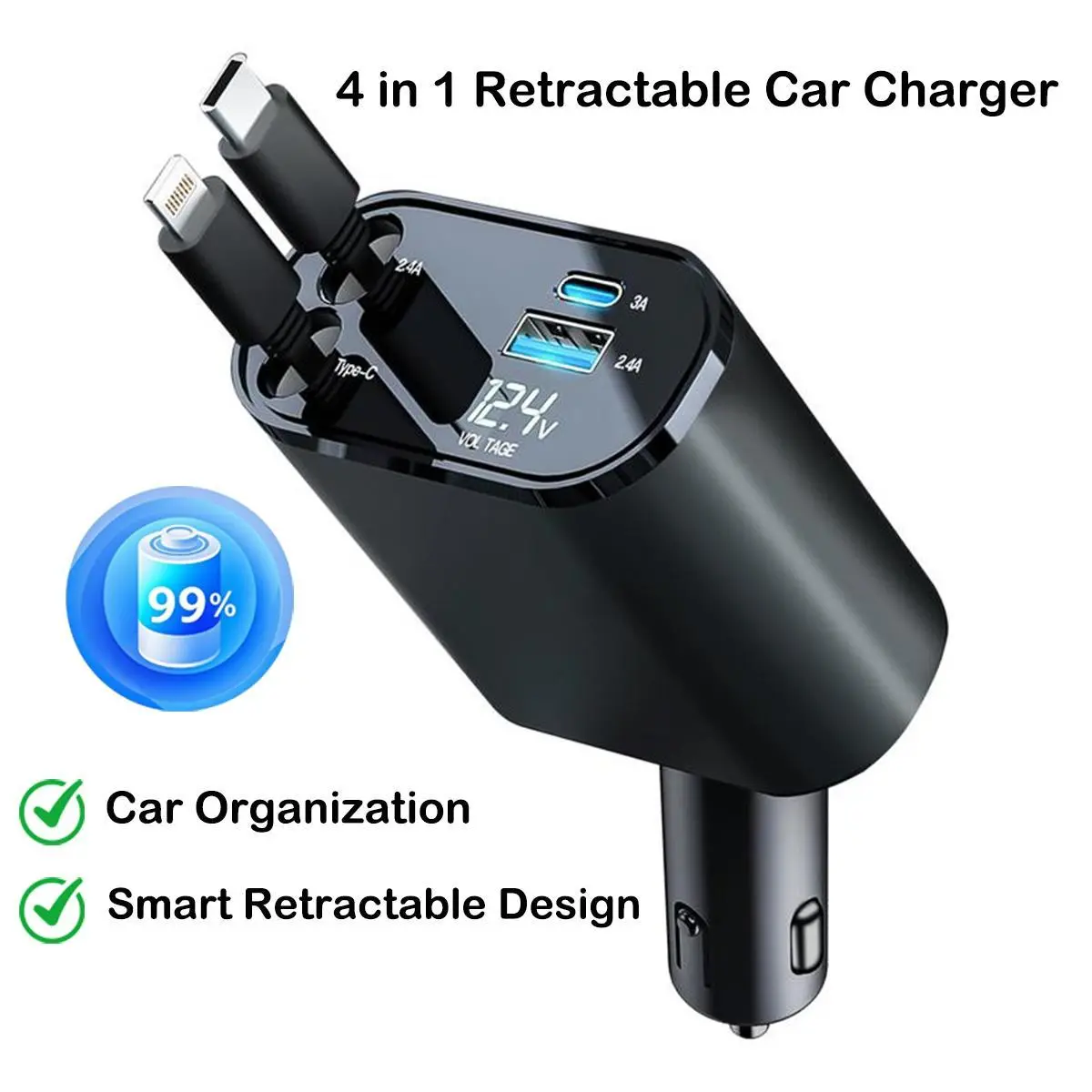 4-in-1 Automatic Retractable Multiport Smartphone Car Charger - Extendable 80cm/31.5in Cable with USB-C Adapter, Lightning Cable, USB-C Charging Station for iPhone 16/15/14/13 Pro Max Plus, Samsung S23/S22/S10, Car Organization Solution